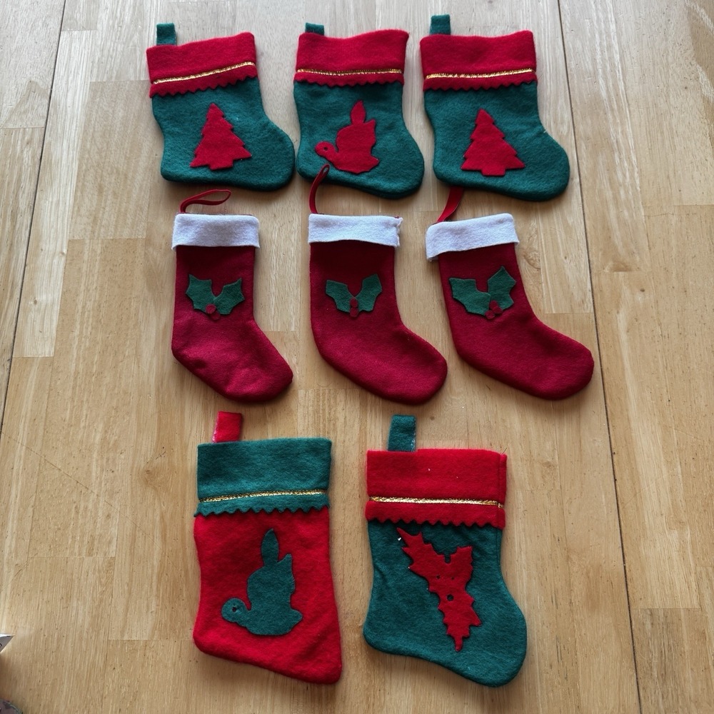 8 Vintage Mini Christmas Red Felt Stockings Lot Bundle Small Green Holiday 6"